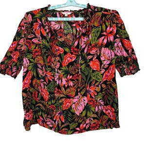 Terra & Sky 2X (20-224) Peasant Blouse Tropical Puff Sleeve Boho Hippie Floral